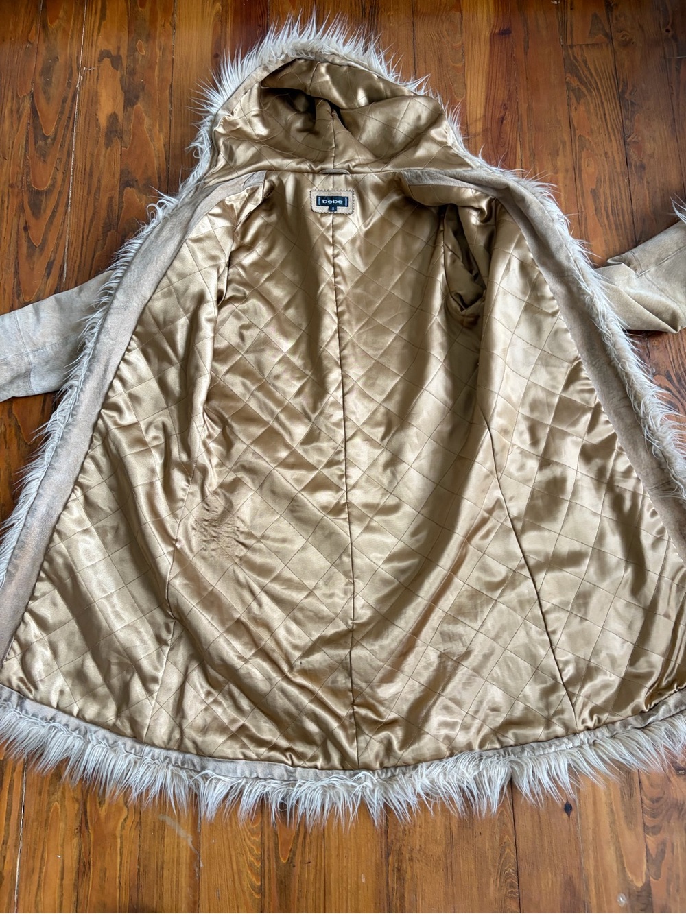 Bebe Vintage Penny Lane Y2K Faux Suede Fur Hooded Coat Size Small Tan Beige - Picture 3 of 15